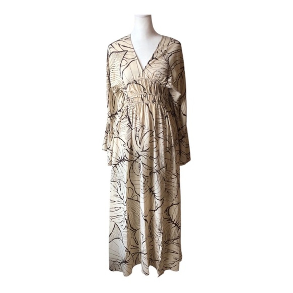 Lush Brown Leaf Print Boho Maxi Dress | Ruffle Sleeves | Size S